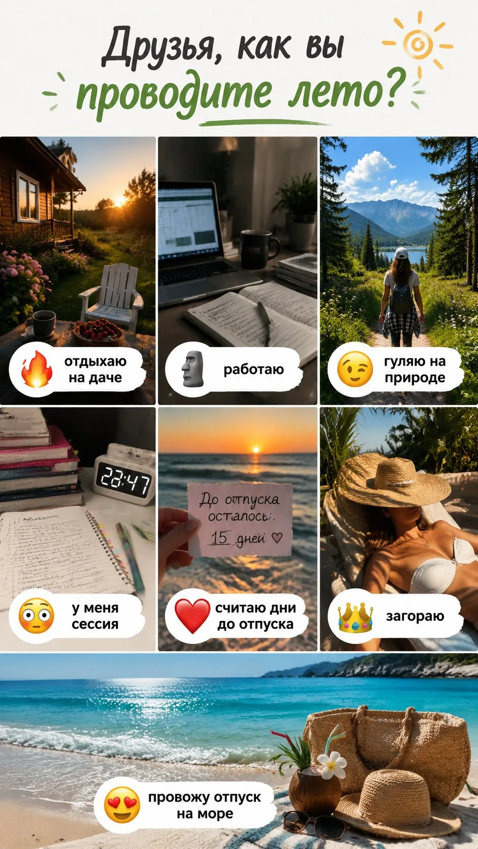 Друзья, как вы проводите лето?

🔥 — отдыхаю на даче
🗿 — работаю
😉 — гуляю на природе
😳 — у меня 