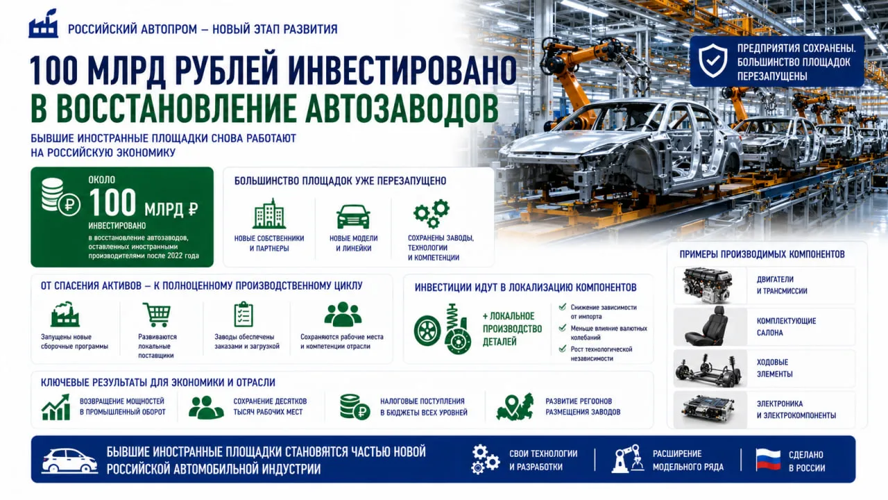 В восстановление автозаводов, оставленных иностранными производителями после 2022 года,...