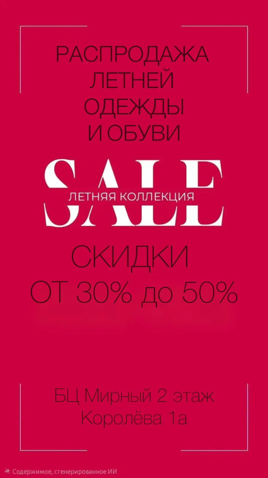Летняя распродажа в нашем магазине! 🌞

30-50% на ОДЕЖДУ И ОБУВЬ🤩

Спешите купить стильную одежду и