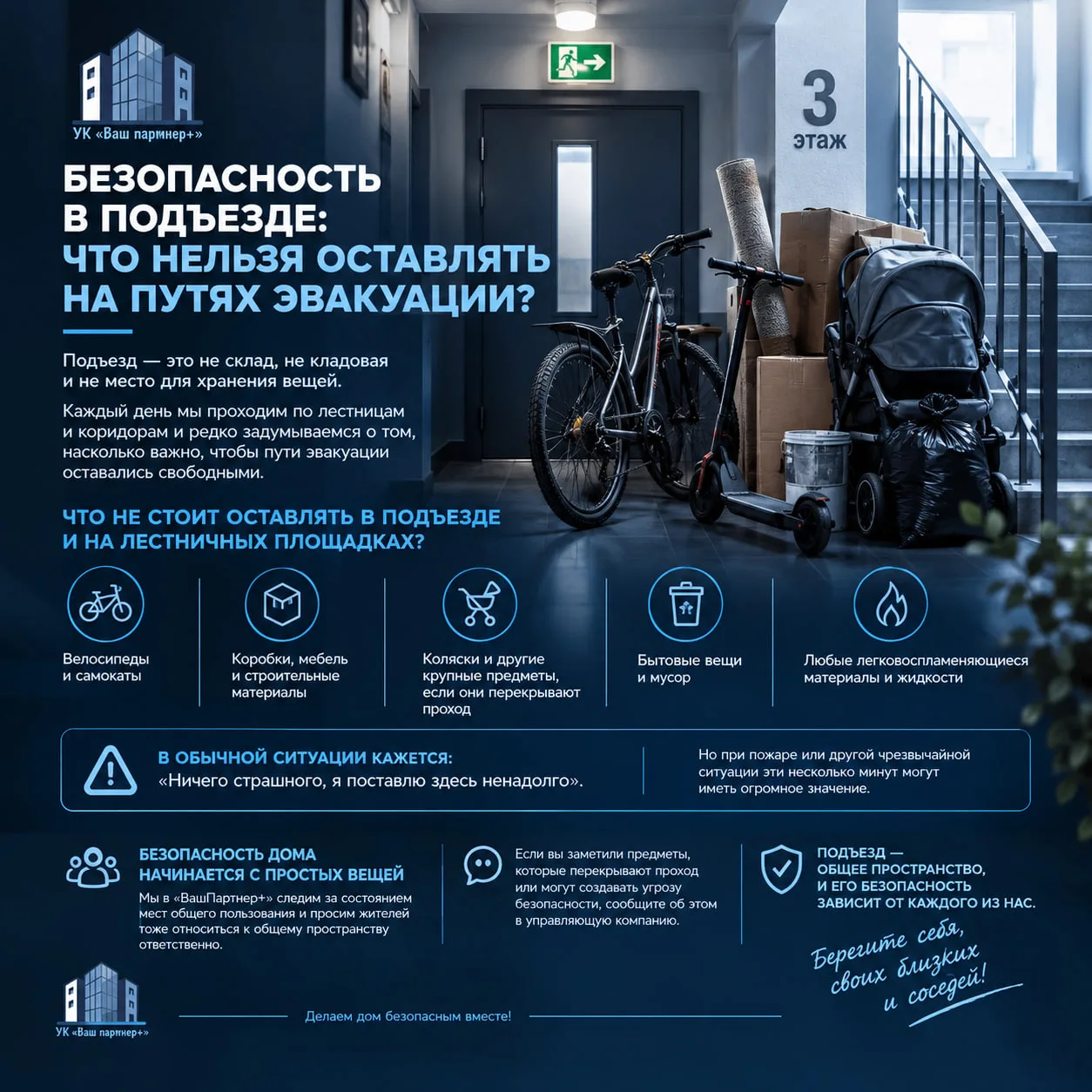 🧯 Безопасность в подъезде: что нельзя оставлять на путях эвакуации?