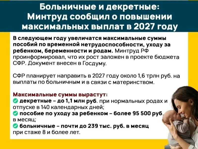 ⚡ Больничные и декретные: Минтруд сообщил о повышении максимальных выплат в 2027 году