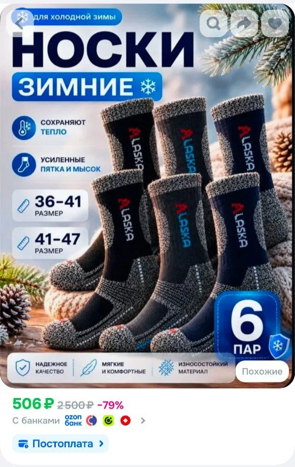 Носки мужские  термоносков, 6 пар