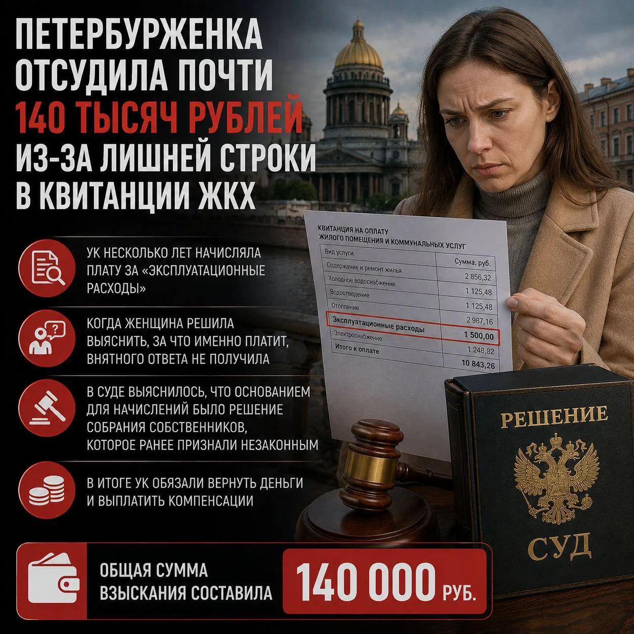 Петербурженка отсудила почти 140 тысяч рублей из-за лишней строки в квитанции ЖКХ

Управляющая компа