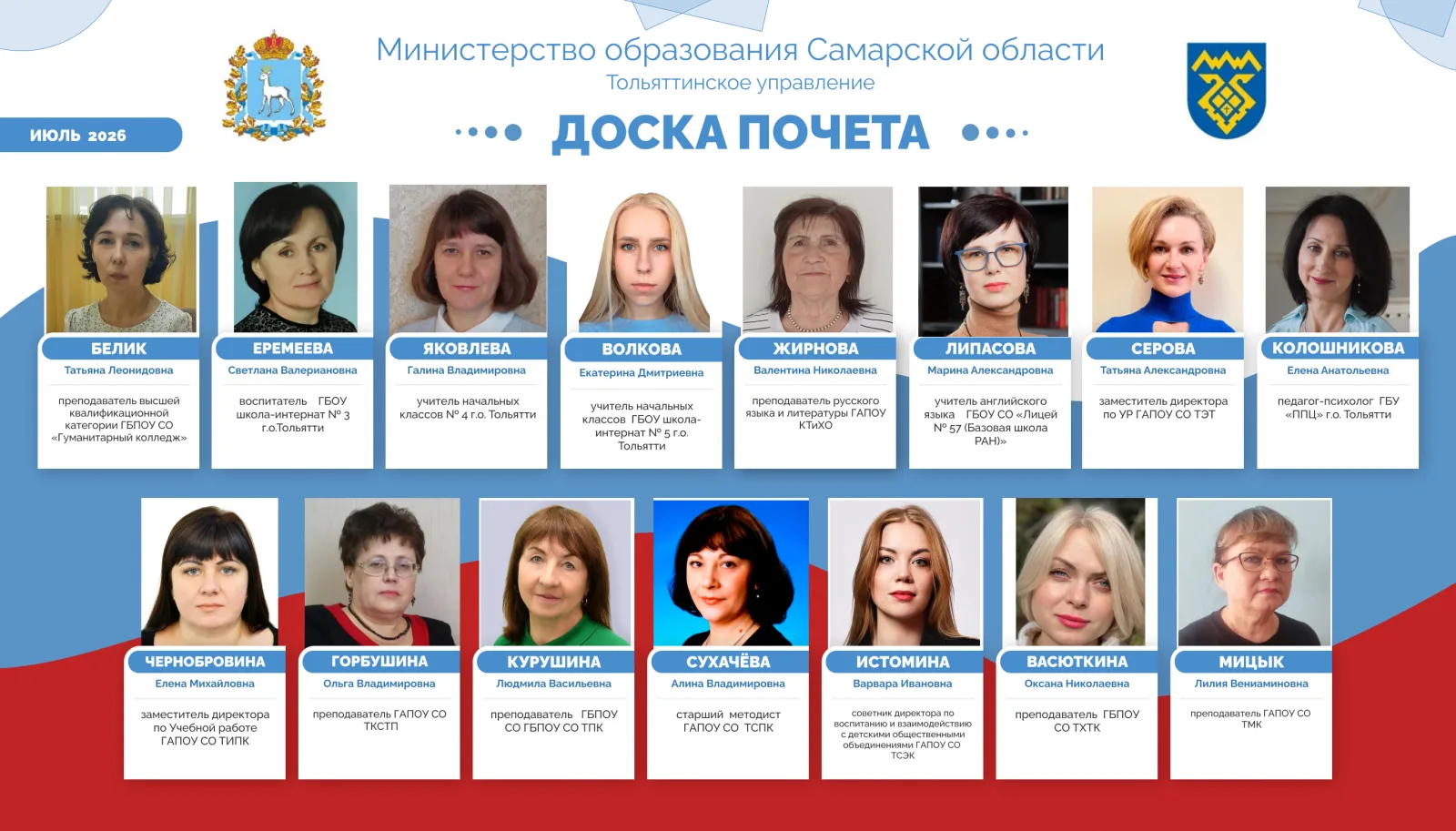 🏆Доска почета Тольяттинского управления Министерства образования Самарской области.

На доске почет