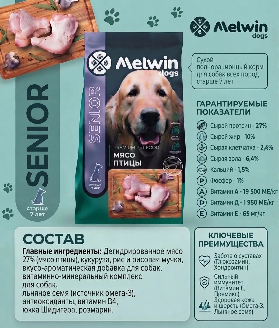 🐾 Melwin dogs SENIOR — сбалансированный сухой корм для собак всех пород старше 7 лет с...