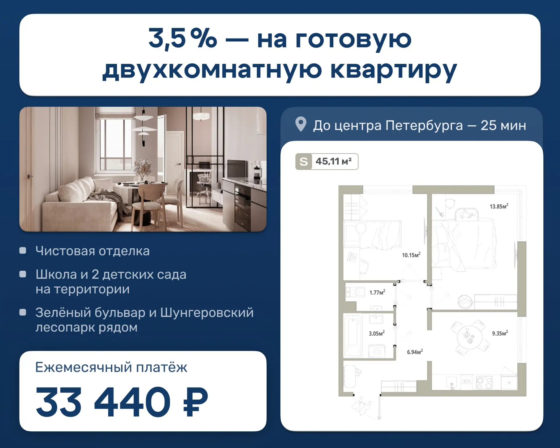 Две спальни, чистовая отделка и платёж — 33 440 ₽/мес