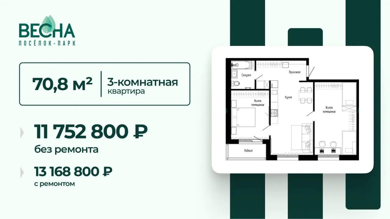 Просторная трёшка 70,8 м² для большой семьи