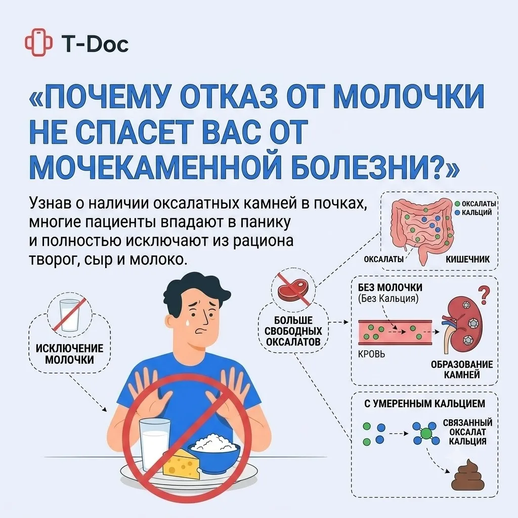 Почему отказ от молочки не спасет вас от мочекаменной болезни?

Узнав о наличии оксалатных камней в 