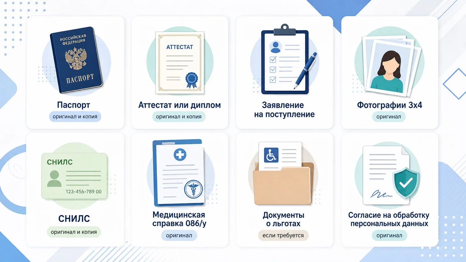 Список документов для поступления: Паспорт, аттестат, СНИЛС, фото, медсправка, льготы.