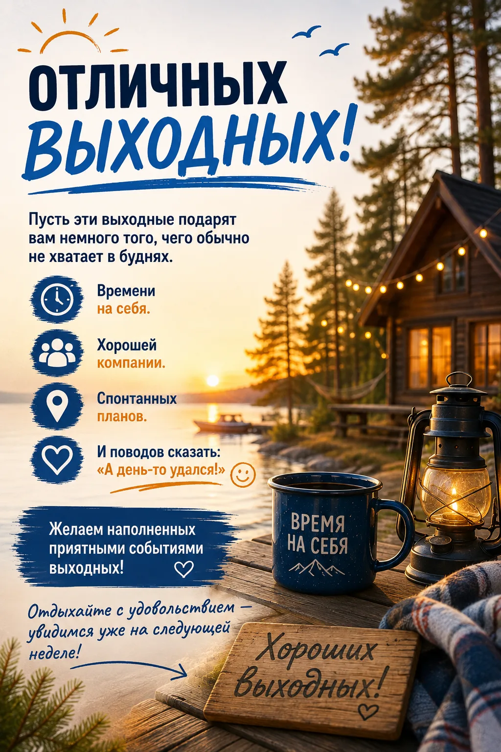 Пусть эти выходные подарят вам немного того, чего обычно не хватает в буднях.