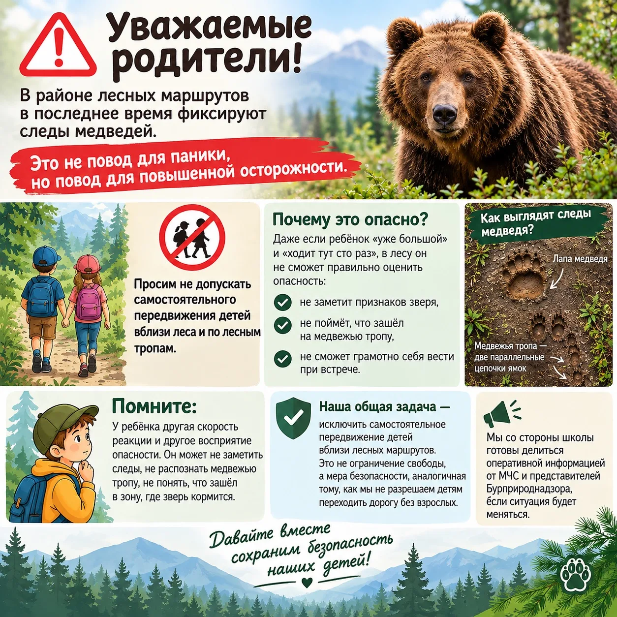 «Уважаемые родители! В районе лесных маршрутов в последнее время фиксируют следы медвед...