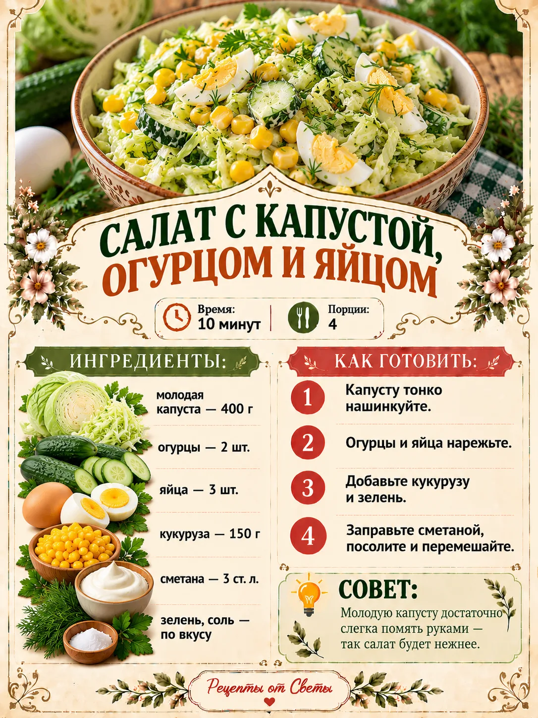 🥗 Хрустящая капуста, свежий огурчик и яйцо: простой салат из того, что под рукой!