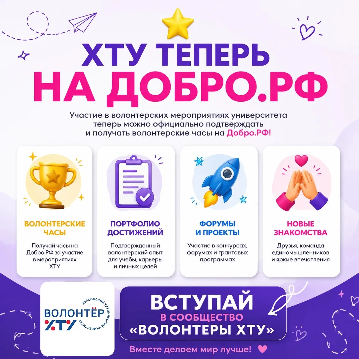 ⭐ Студенты ХТУ, теперь ваши добрые дела будут засчитаны официально

У нас прекрасная новость: ХТУ пр