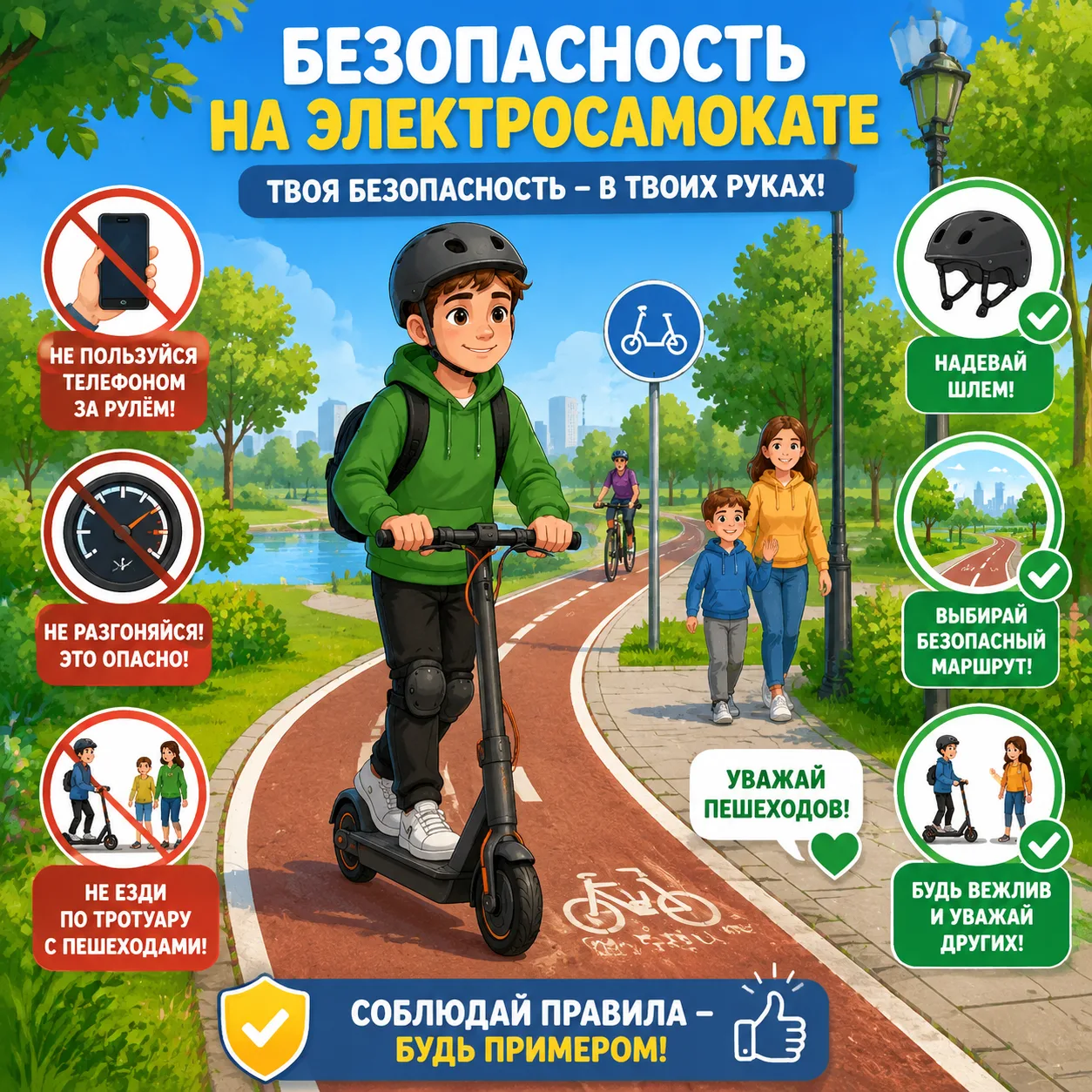 🛴 Электросамокат: безопасность в твоих руках

Дорогие ребята и родители!
Электросамокат — удобное и