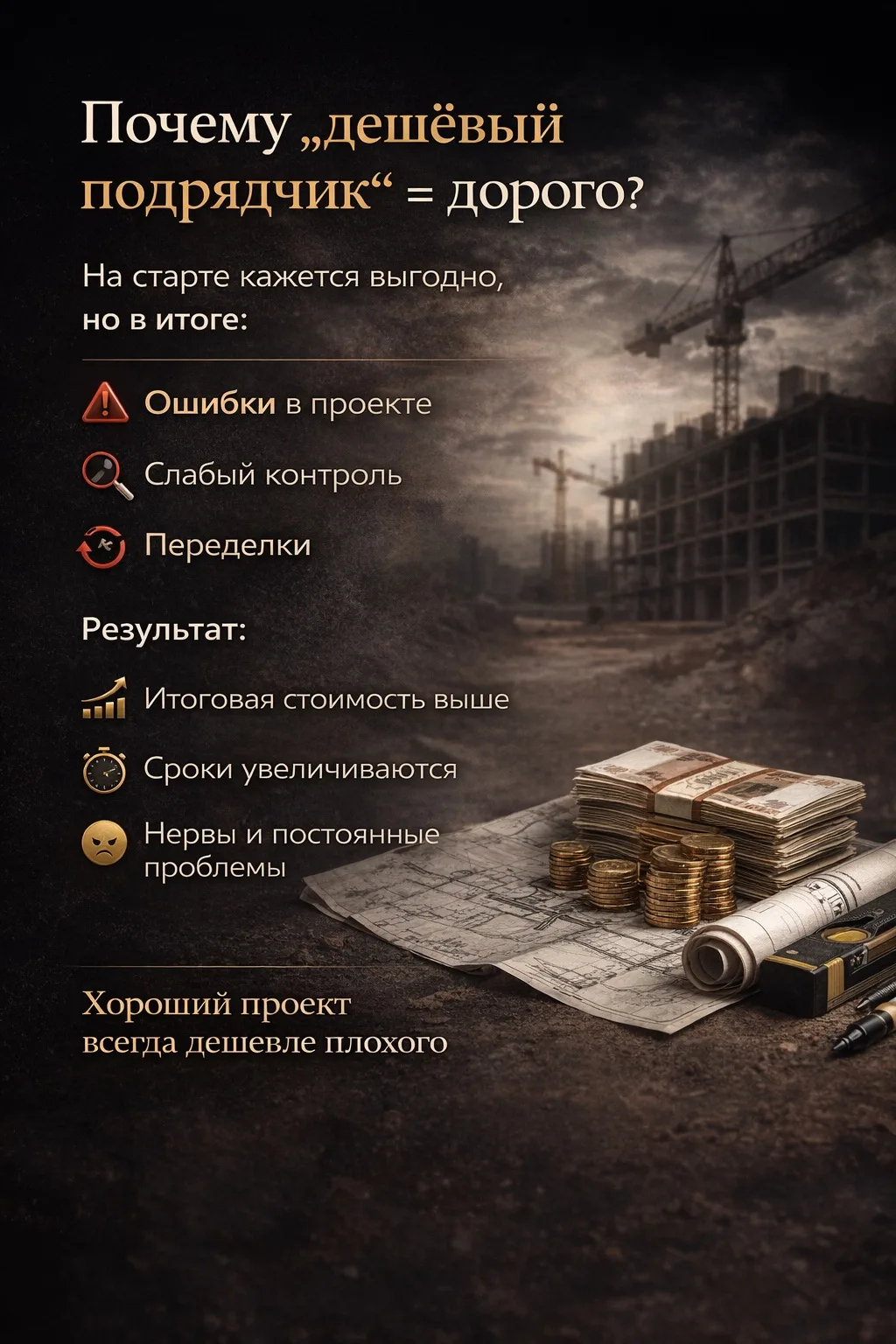💸 Почему “дешёвый подрядчик” = дорого  

На старте кажется выгодно  

Но потом:  
— ошибки в проект