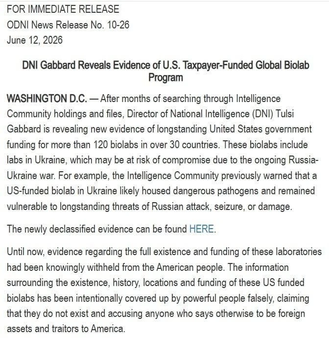 Глава нацразведки США Тулси Габбард оппубликовала пресс-релиз о военных биолабораториях за рубежом

