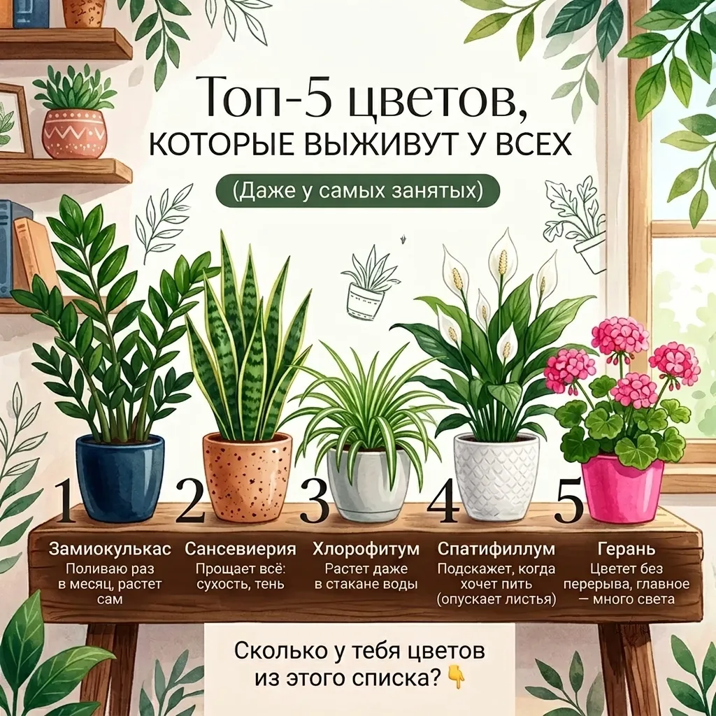 🪴Топ-5 цветов, которые выживут у всех (даже у самых занятых)
