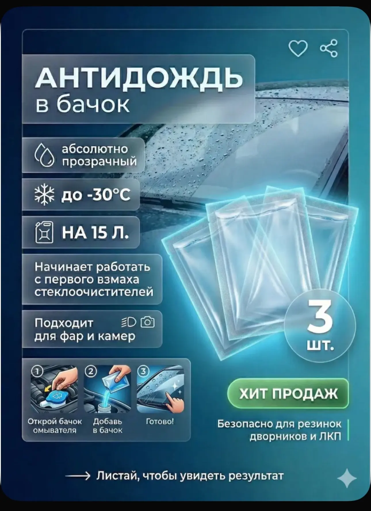Антидождь в бачок набор 3 штуки