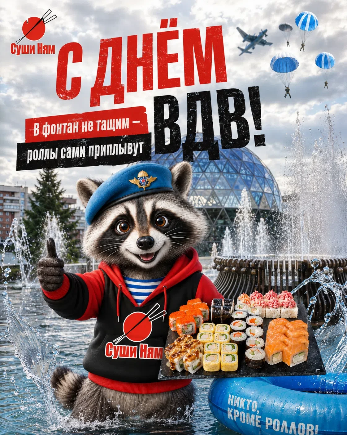 Сегодня тот самый день, когда голубые береты — в небе, а роллы — на низком старте. 🪂🍣