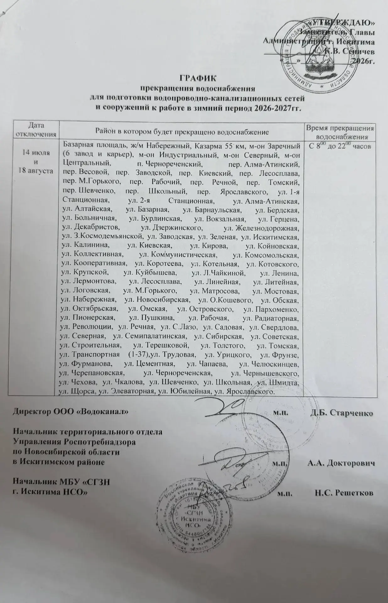 График отключения Холодного водоснабжения