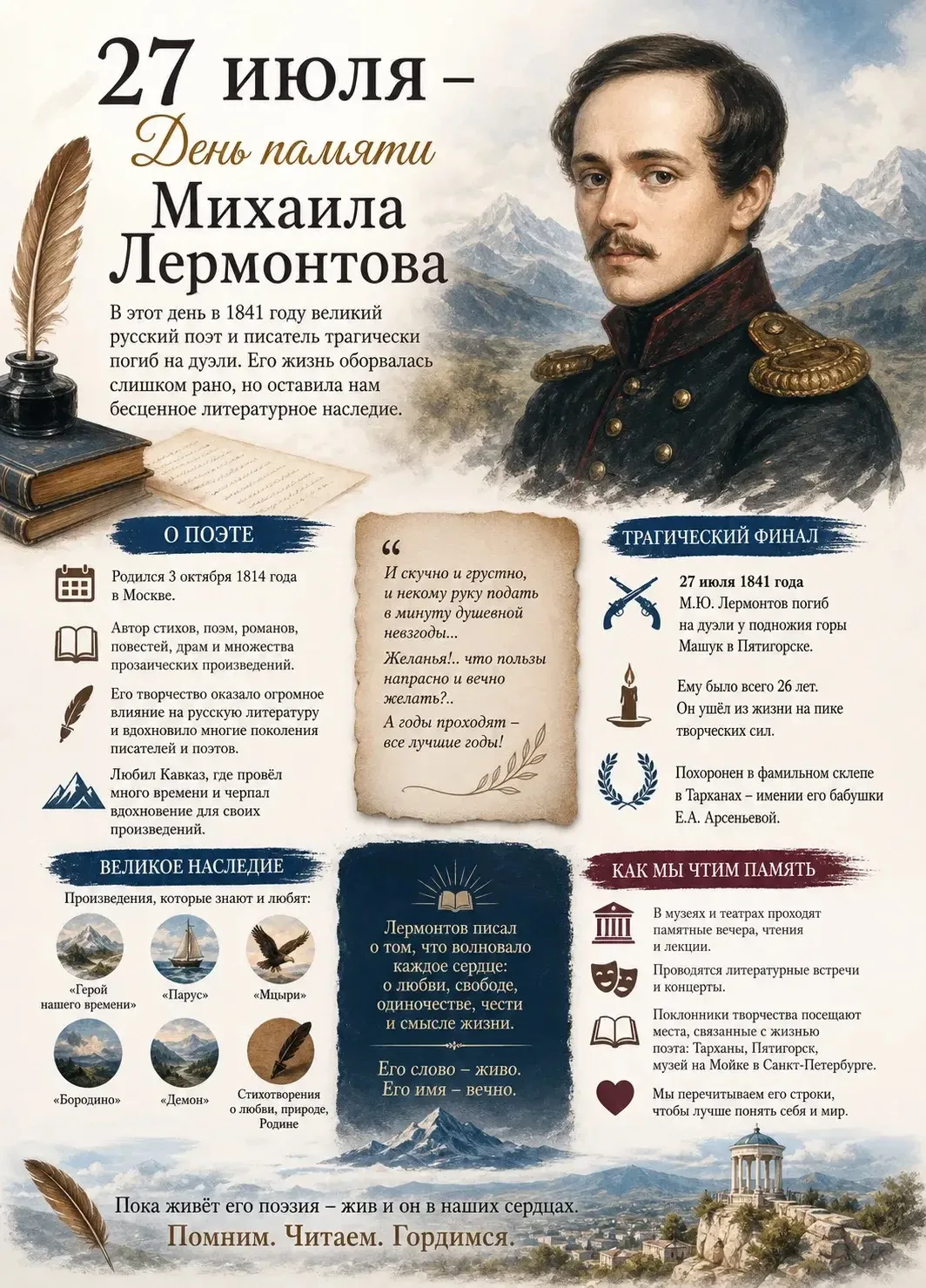 📖 27 июля — День памяти Михаила Лермонтова!⬇️

Ровно 185 лет назад, в 1841 году, трагически оборвал