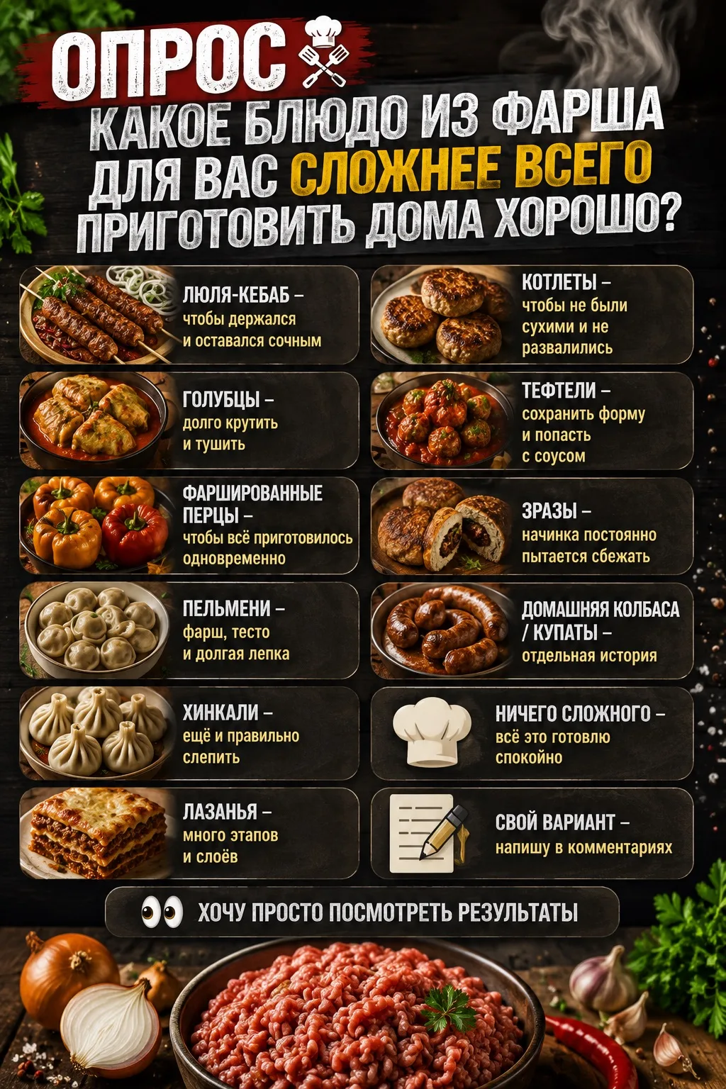 🥩 Любимые блюда, состав фарша и то, что проще купить готовым, уже выяснили. Закрываем неделю честны