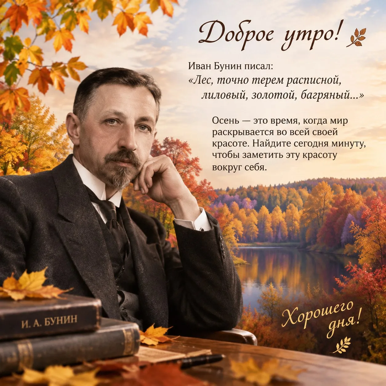 Доброе утро! Иван Бунин писал: «Лес, точно терем расписной, лиловый, золотой, багряный...»