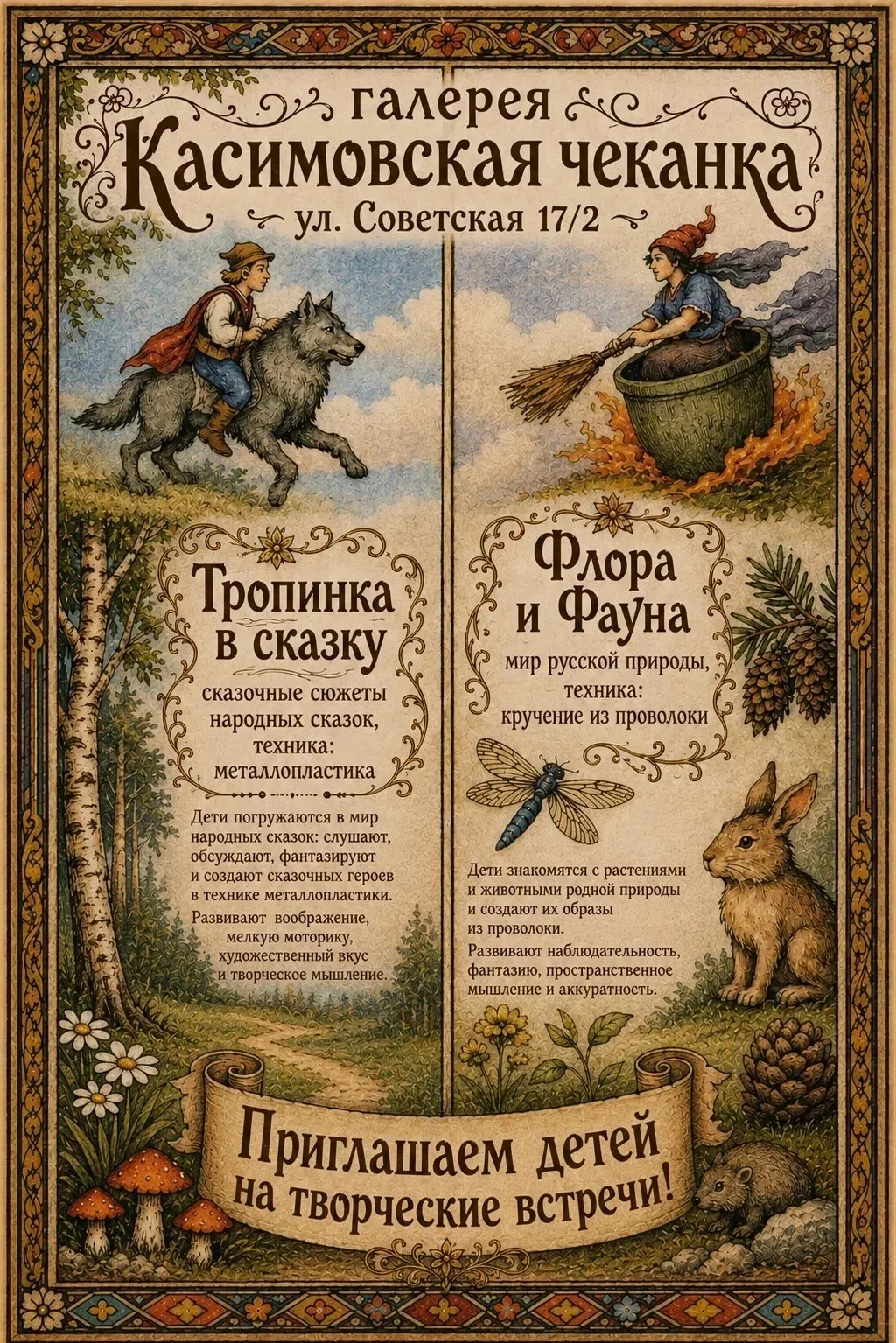 1. Цикл творческих встреч «Тропинка в сказку».
🪎 Сказочные сюжеты народных сказок.
Техника: металло