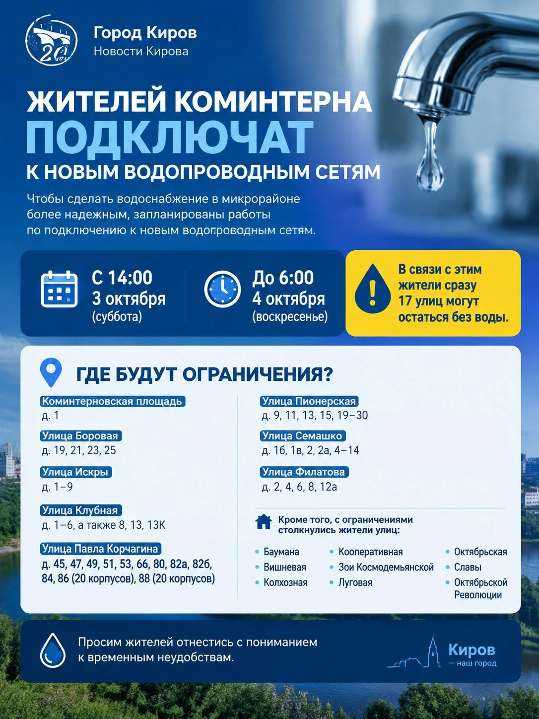 Целый микрорайон в Кирове останется без воды в выходные.