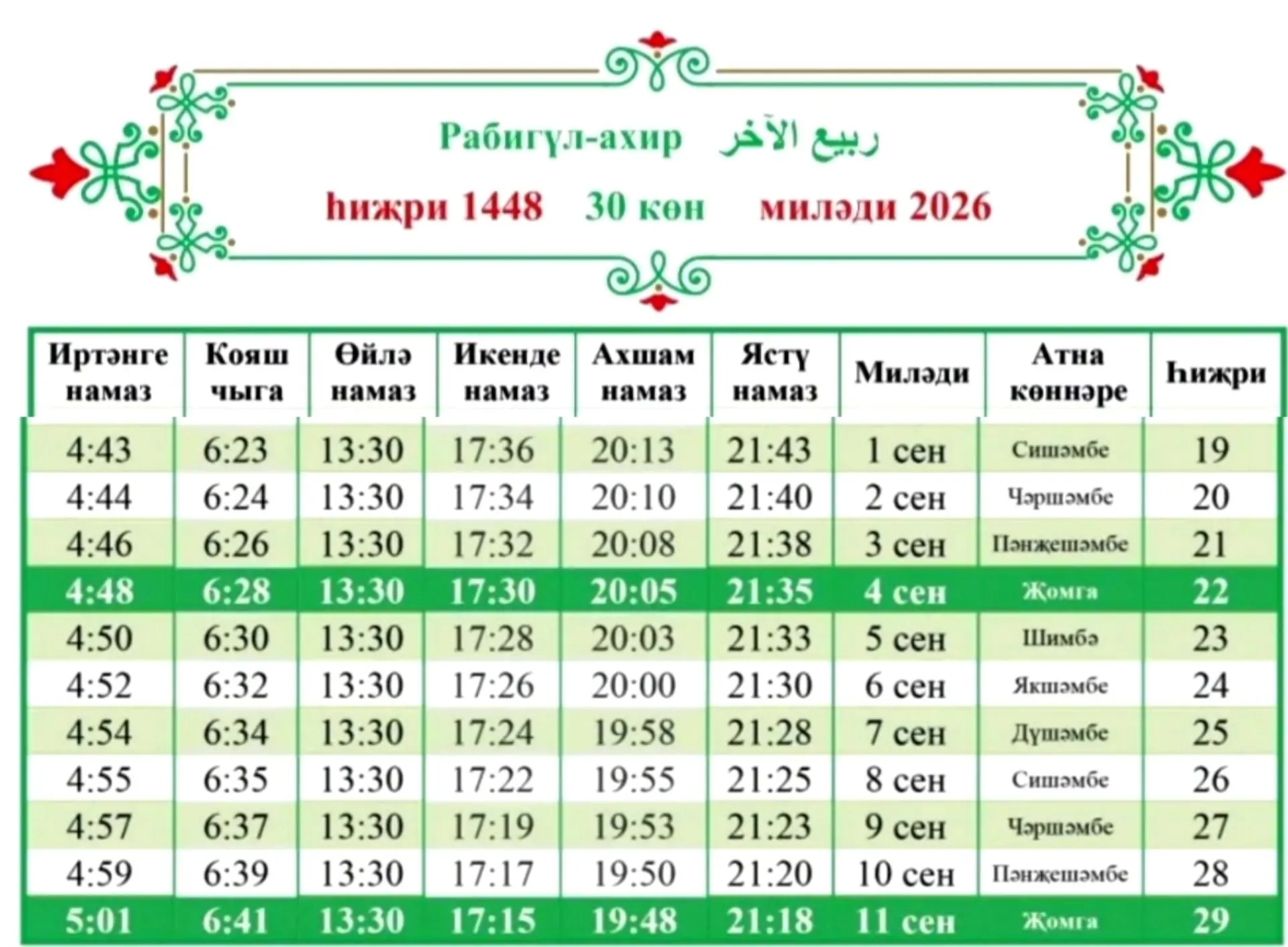 СЕНТЯБРЬГӘ НАМАЗ ВАКЫТЫ (УФА)