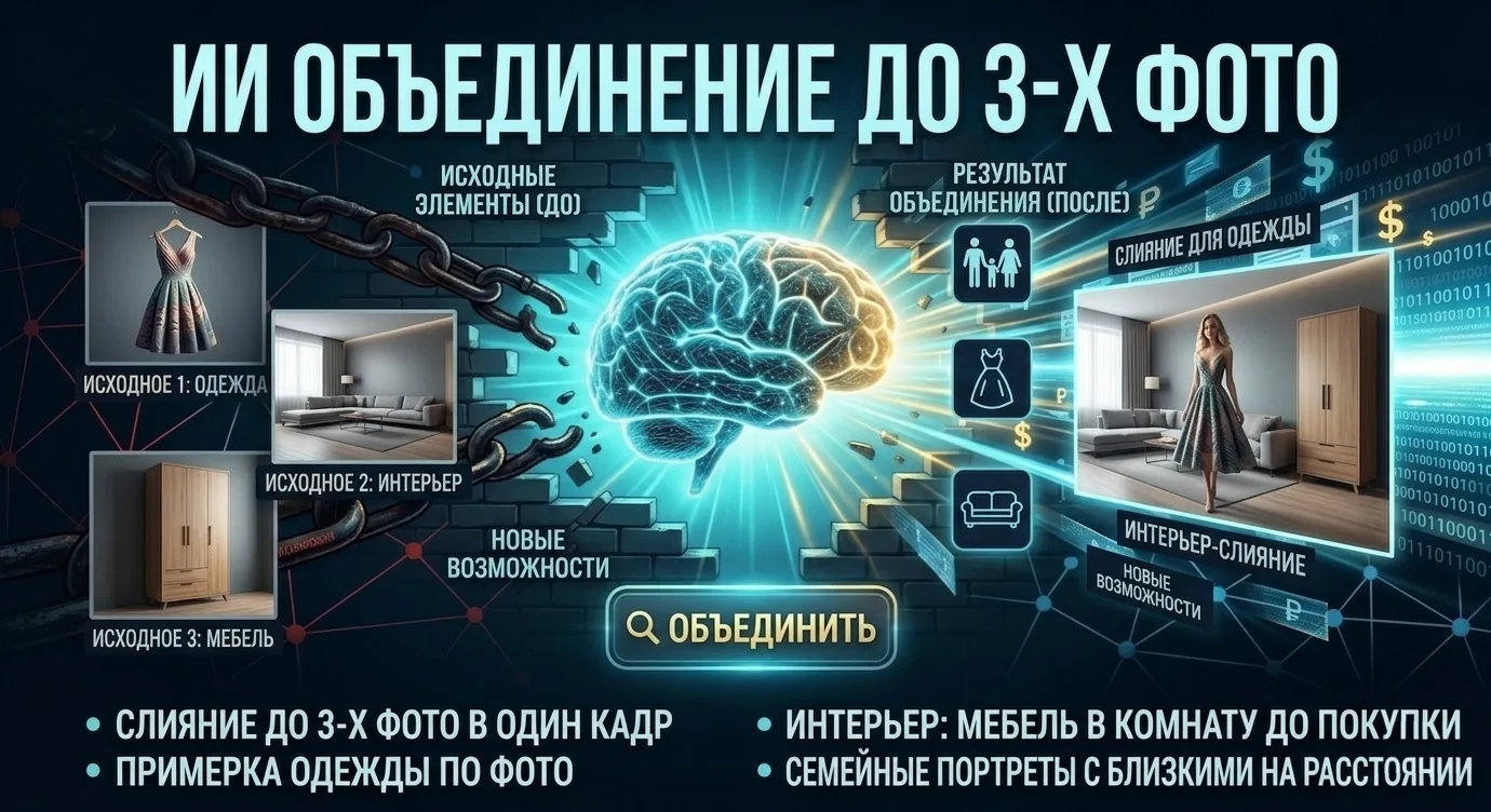 📸 Соединяем до 3-х фото в один кадр! ✨  Мы обновили наш ИИ-Фотошоп: теперь бот умеет скрещивать неск