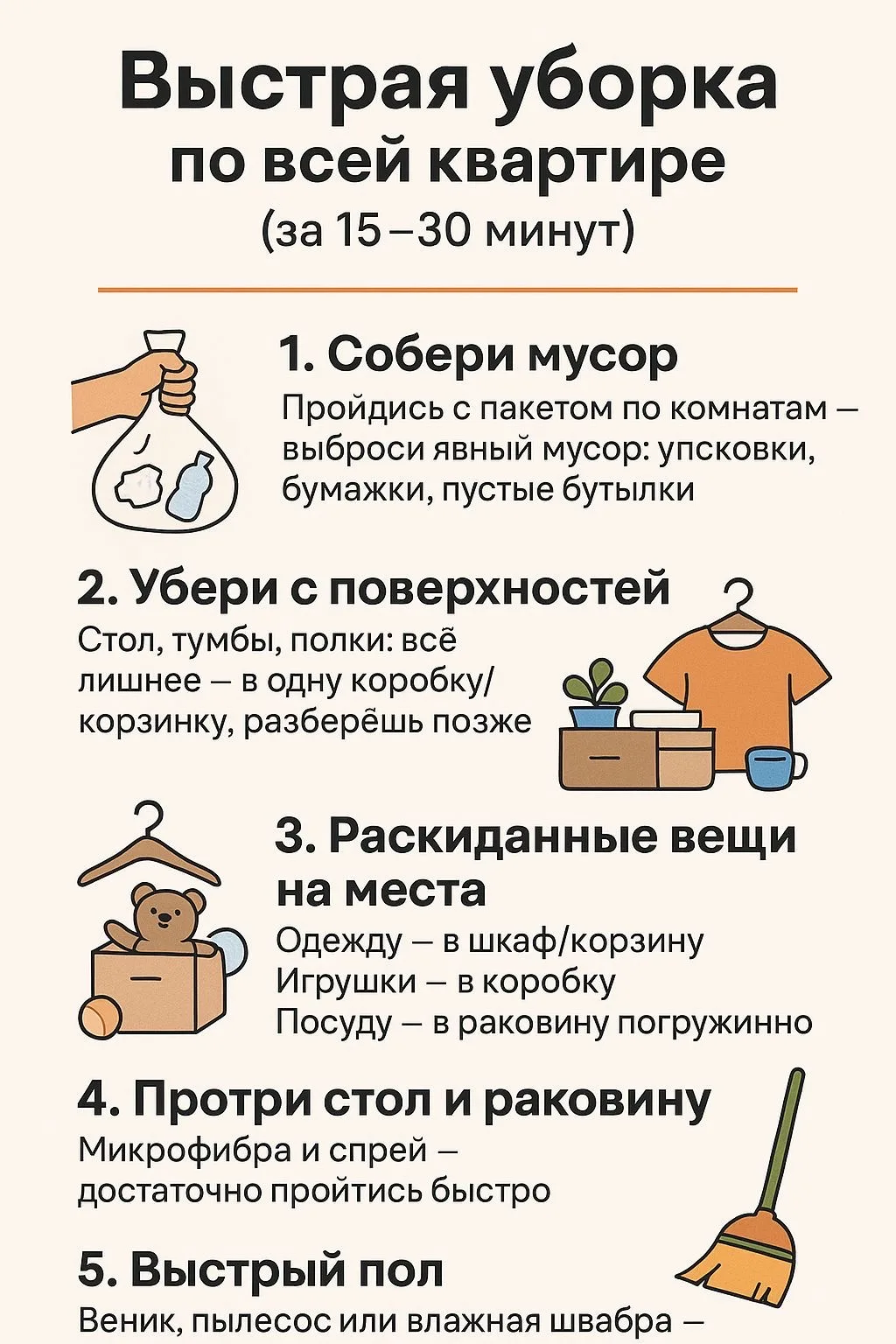 Быстрая уборка во всей квартире всего за 15–30 минут: Чрезвычайный чек-лист ✨🧹