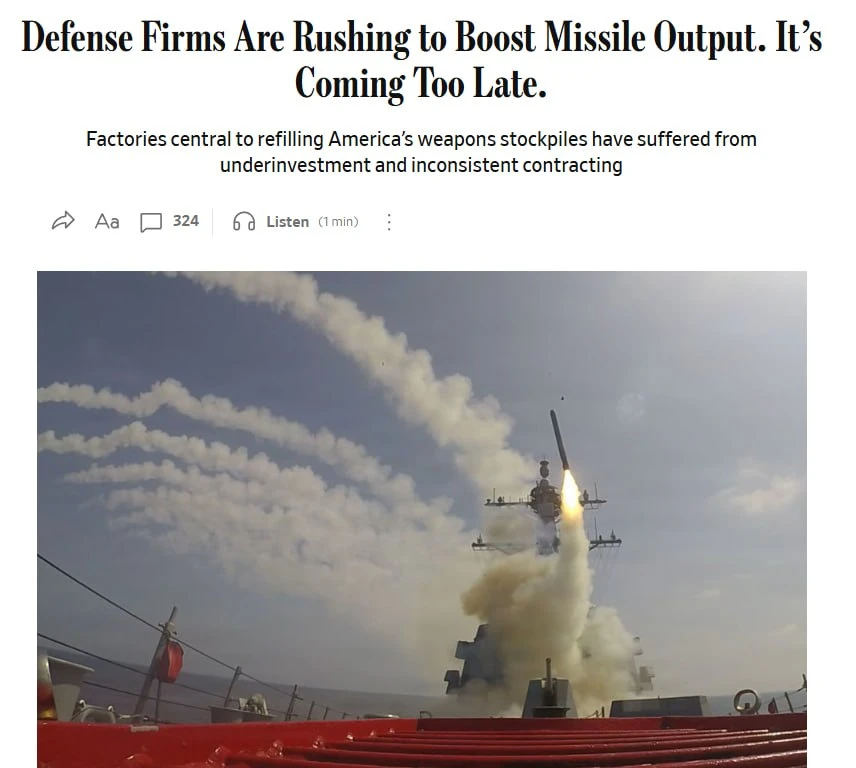 ⚡️США израсходовали треть довоенных запасов Tomahawk и половину ракет Patriot, — The Wa...