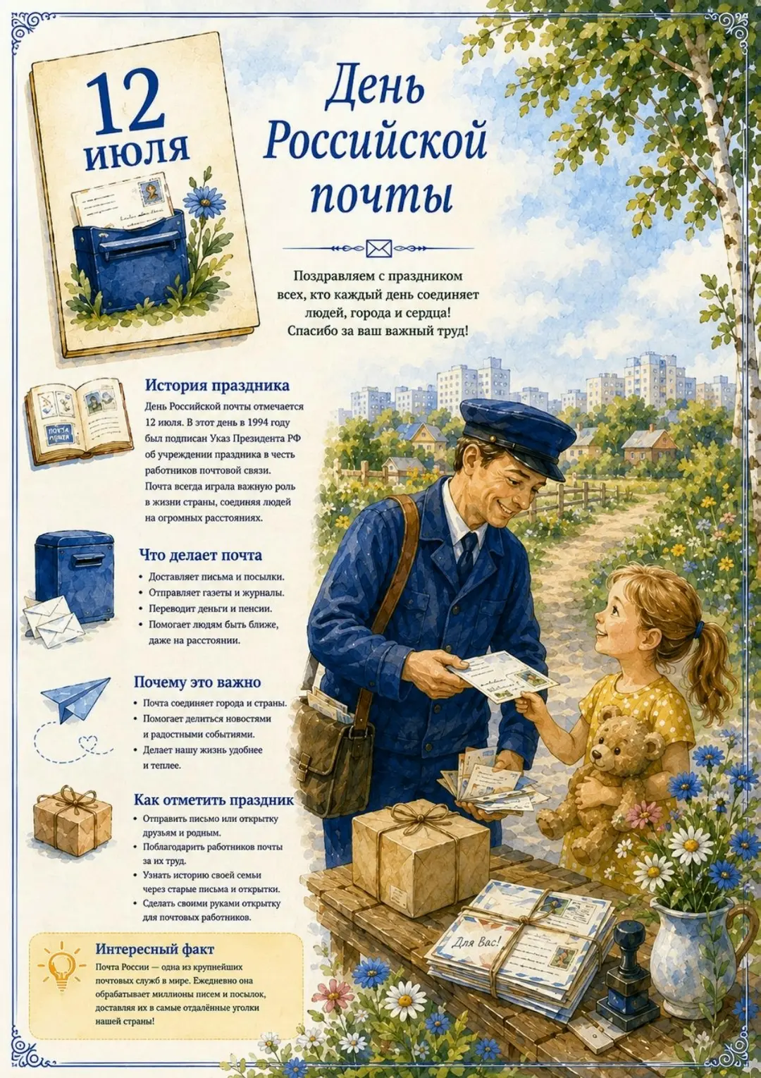 С Днём российской почты!
12 июля в России отмечается профессиональный праздник — День российской поч