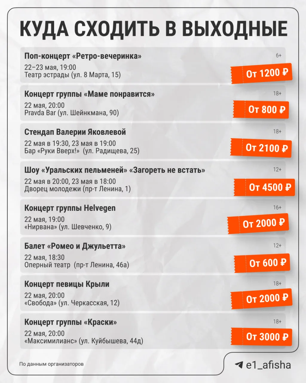 Сгонять на шоу «Уральских пельменей» или послушать группу «Краски»?  Вариантов, как здорово провести