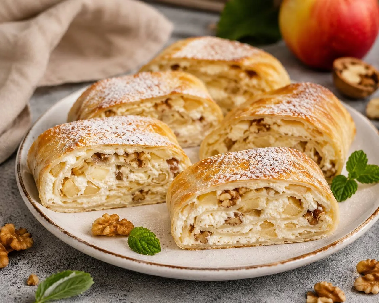 Рулет из лаваша с творогом, яблоком и грецкими орехами.
