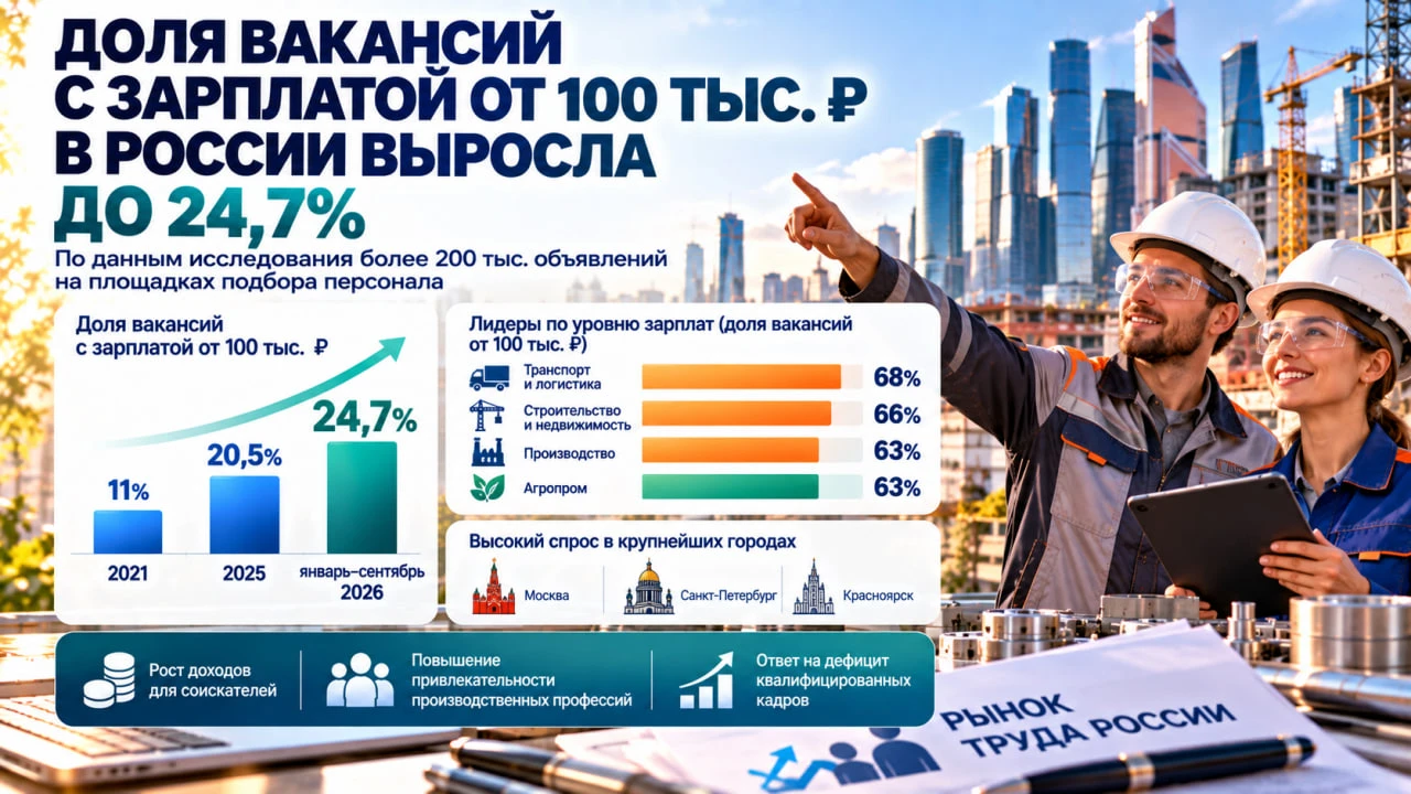 В январе-сентябре доля вакансий в России с зарплатой от ₽100 тыс. выросла до 24,7%. В 2...