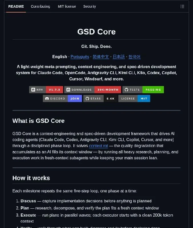 GSD Core — фреймворк для AI coding agents, который упрощает процесс разработки. 

Всего пять шагов:
