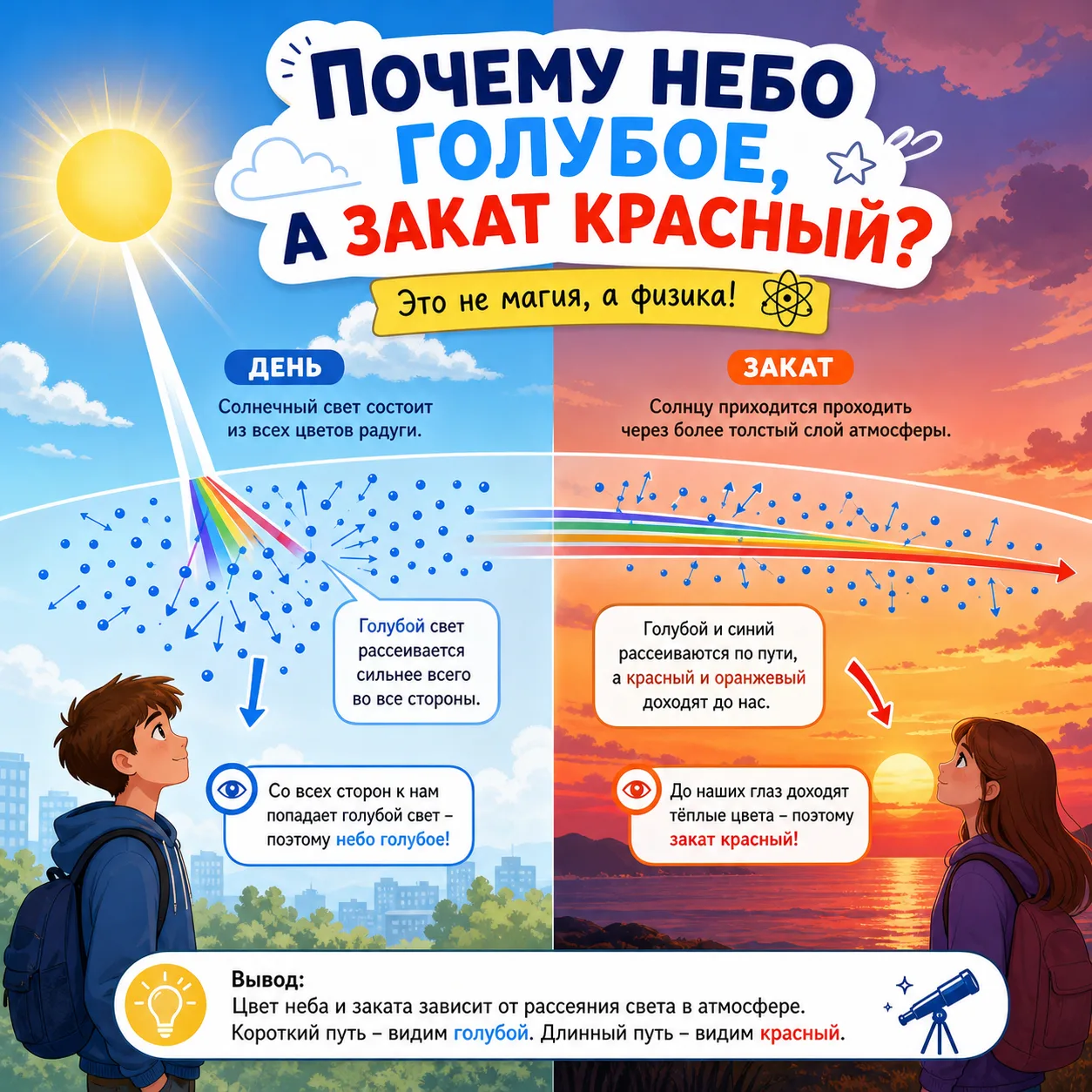 Вы когда-нибудь замечали, что днём небо ярко-голубое, а вечером становится оранжевым или красным? Эт