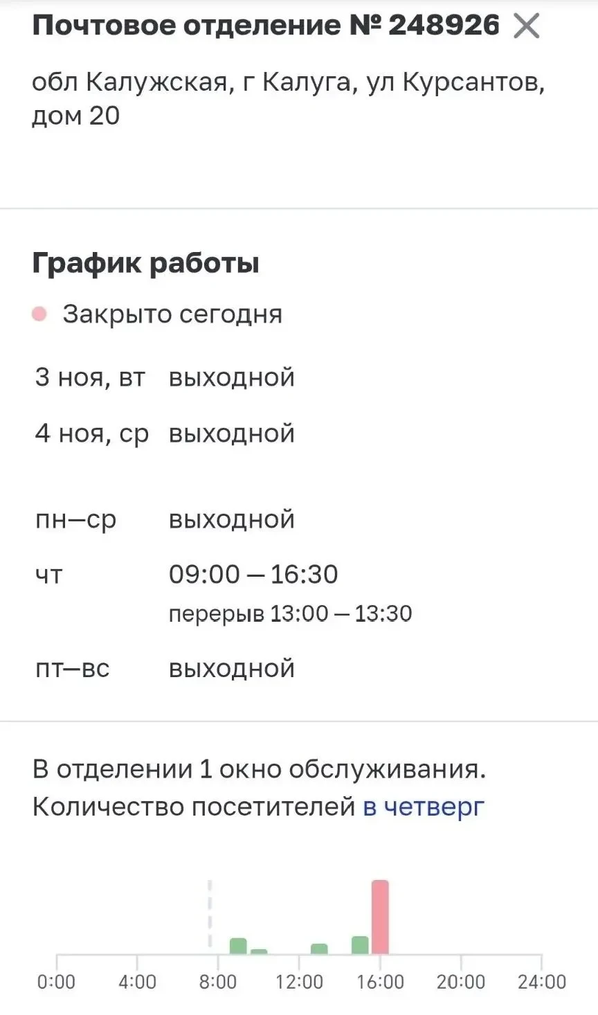 Почта на улице Курсантов, 20 в Калуге работает только по четвергам — с 9:00 до 16:30, с...