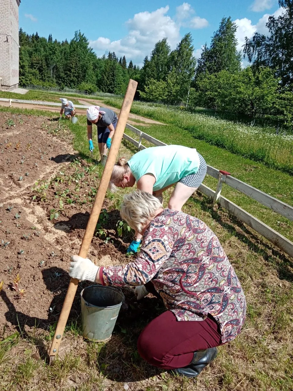 Работы на пришкольном участке продолжаются. Идёт прополка клумб - ведь скоро они зацветут!