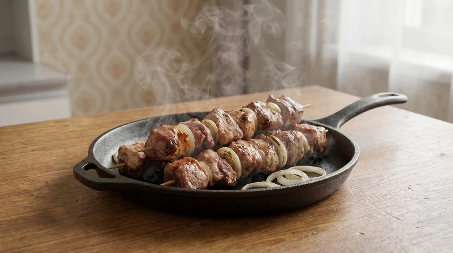 Шашлык с дымком — Ароматное, сочное мясо с настоящим дымком, приготовленное на сковороде. ~450 руб. 