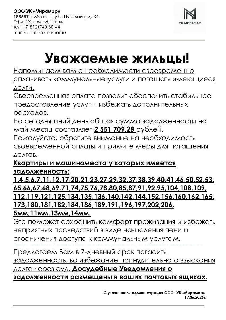 Информируем о задолженности за КУ