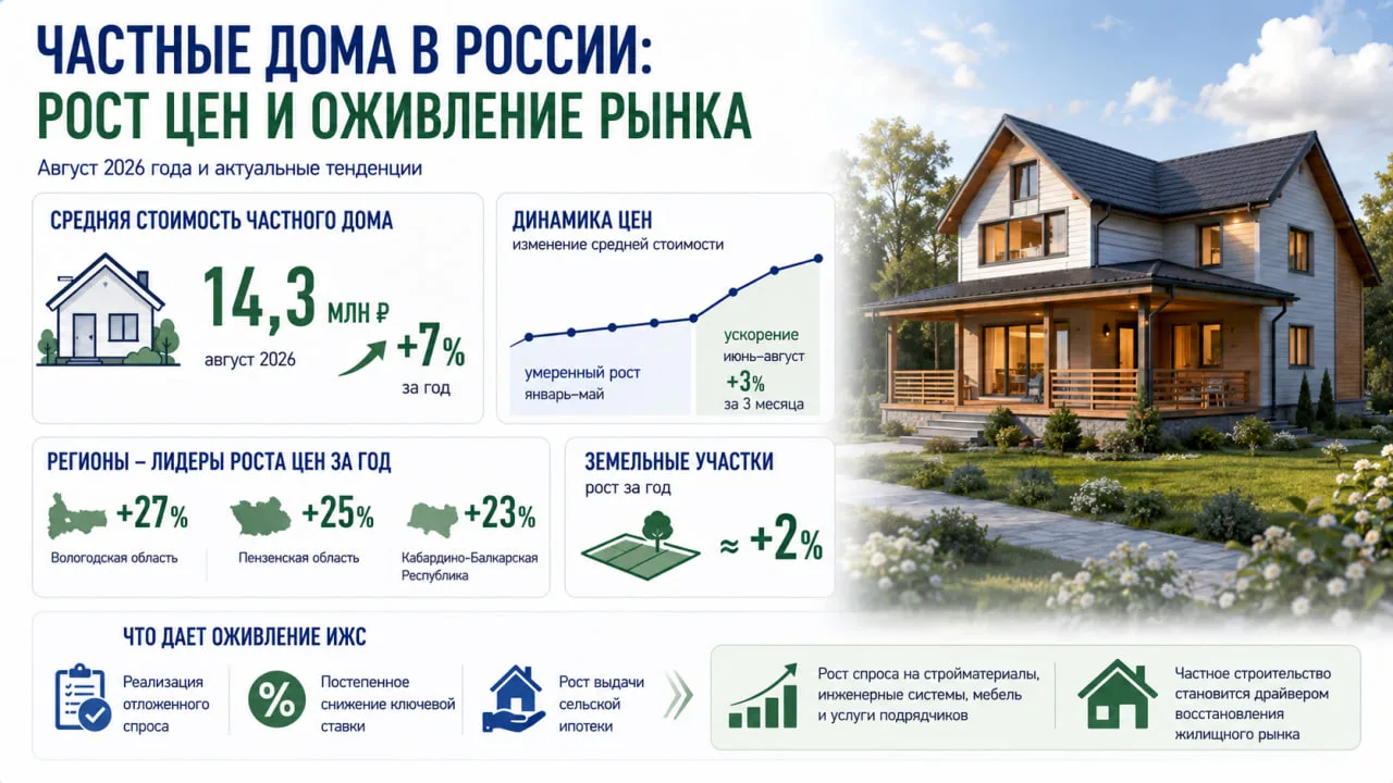 Средняя стоимость частного дома в России в августе достигла 14,3 млн рублей, увеличивши...