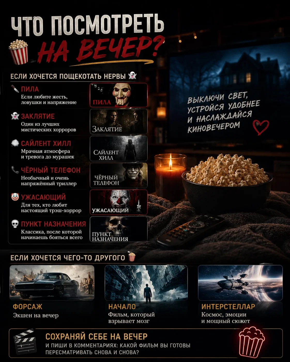 🎬 НЕ ЗНАЕТЕ ЧТО ПОСМОТРЕТЬ ВЕЧЕРОМ?  
Вот несколько фильмов, которые реально держат до конца 👇

🍿