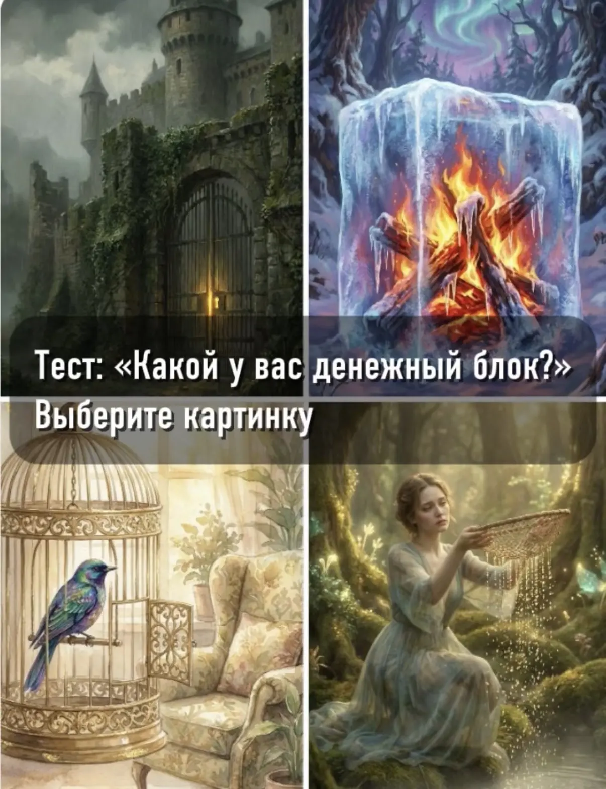 Тест-игра: «Какой у вас денежный блок?»
Формат: выберите картинку — узнайте свой скрытый денежный сц