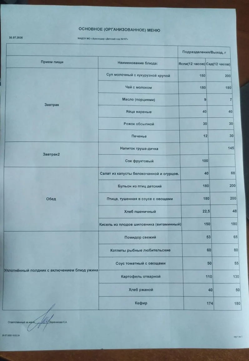 Меню 30.07