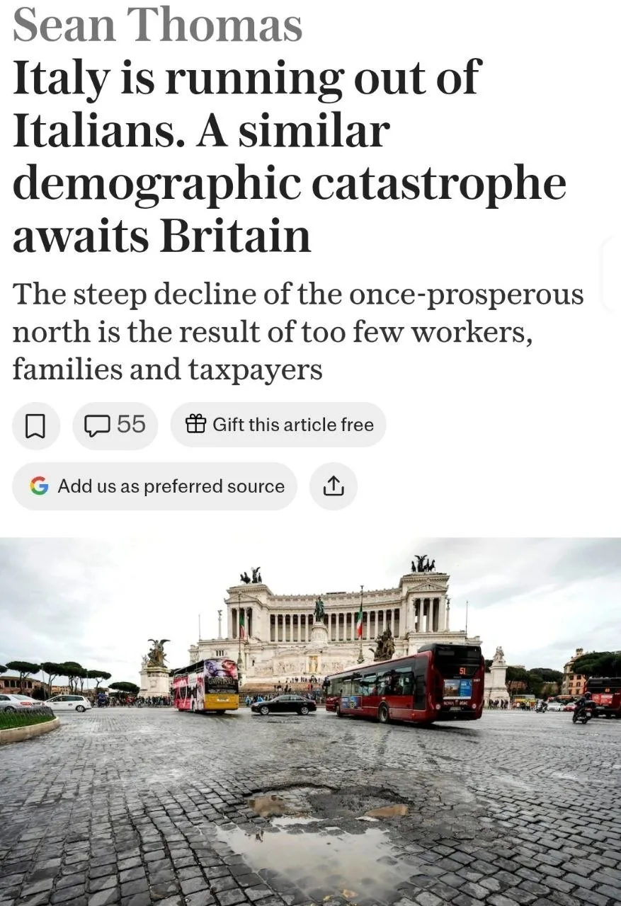 The Telegraph — об упадке Италии:

▪️«В Италии становится всё меньше итальянцев. В прошлом году в ст