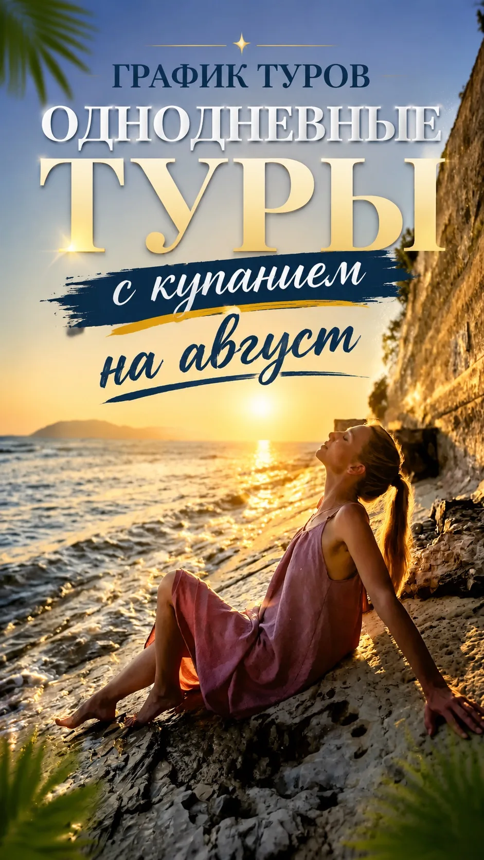 ГРАФИК ТУРОВ
ОДНОДНЕВНЫЕ ТУРЫ С КУПАНИЕМ В МОРЕ/РЕКЕ/ТЕРМАЛЬНЫХ ИСТОЧНИКАХ

На морском побережье, у 