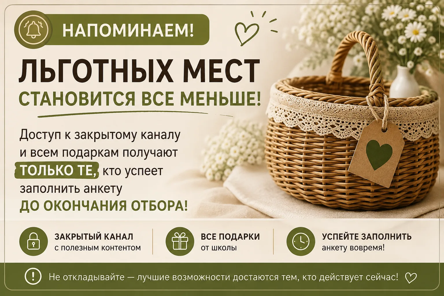⚡️ Осталось всего 10 льготных мест ⚡️

Если вы еще не решили, готовы ли идти на обучение, всё равно 